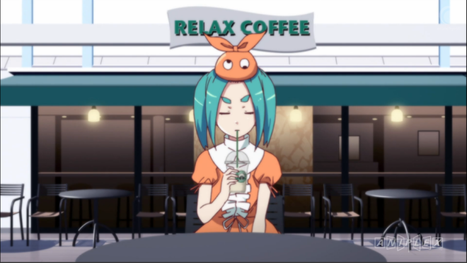 Ononoki sits down having a drink at the fake Starbucks.